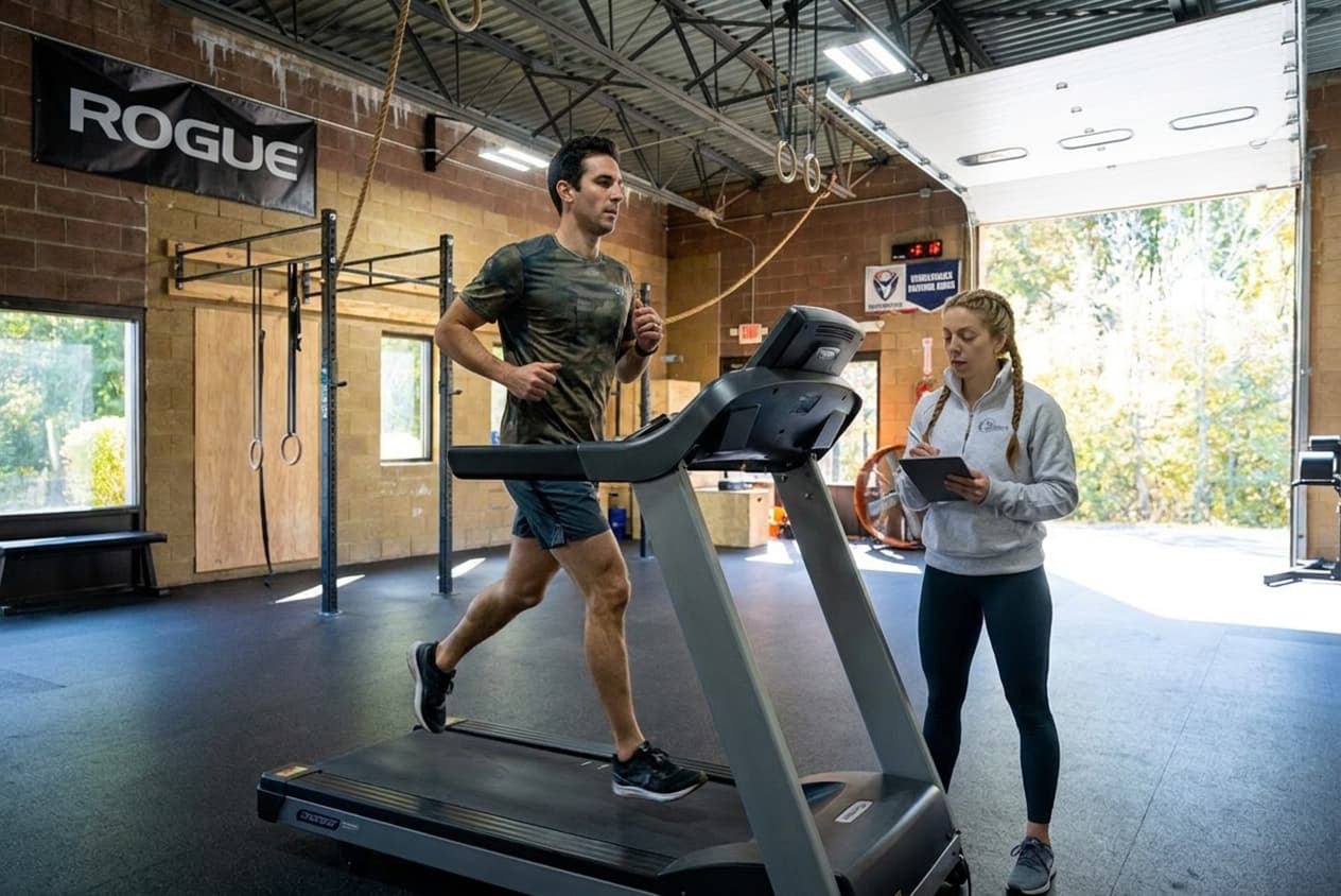 Runner receiving running gait analysis assessment from a Doctor of Physical Therapy inside The Athlete's Physical Therapist performance gym at Timberhead CrossFit, South Windsor CT